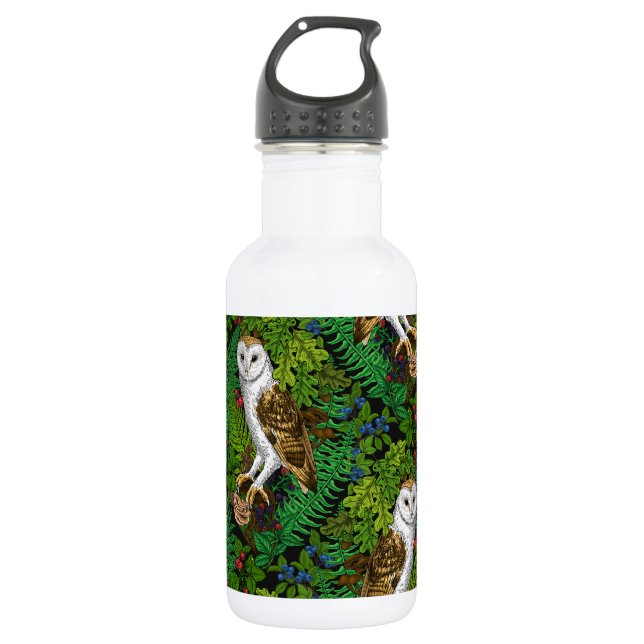 Owls, ferns, oak and berries stainless steel water bottle (Front)