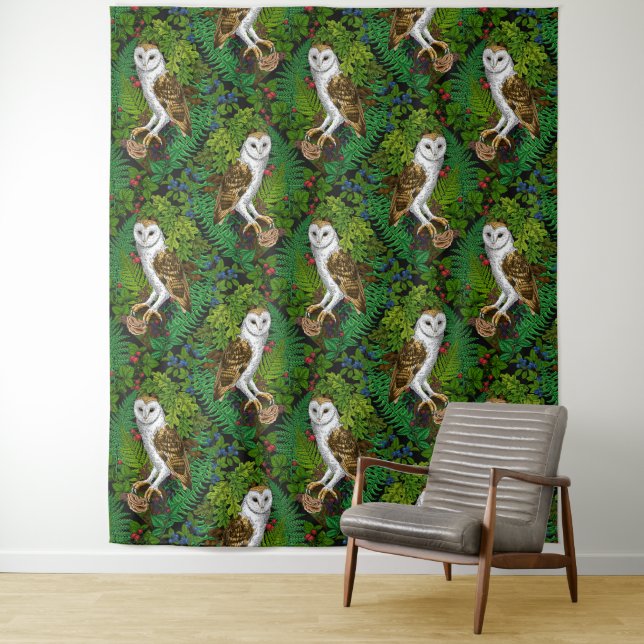 Owls, ferns, oak and berries tapestry (In Situ)