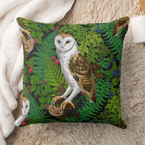 Owls ferns oak and berries throw pillow