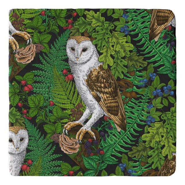 Owls, ferns, oak and berries trivet (Front)