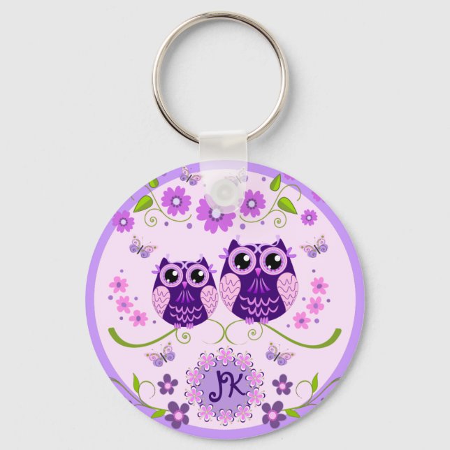 Owls, Flowers & Butterflies Custom Monogram Keychain (Front)