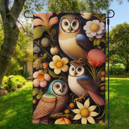 Owls  Flowers  Modern Haeckel Garden Flag