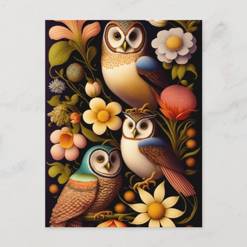 Owls  Flowers  Modern Haeckel  Postcard