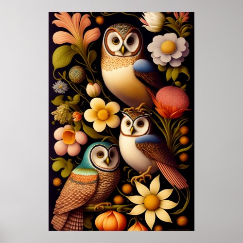 Owls  Flowers  Modern Haeckel Poster