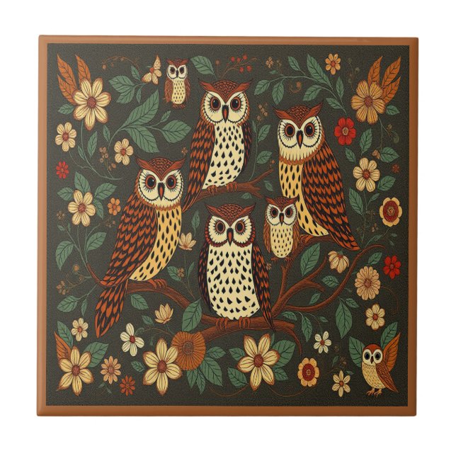 Owls Forest Animals Earthy Tones Rustic Boho  Ceramic Tile (Front)