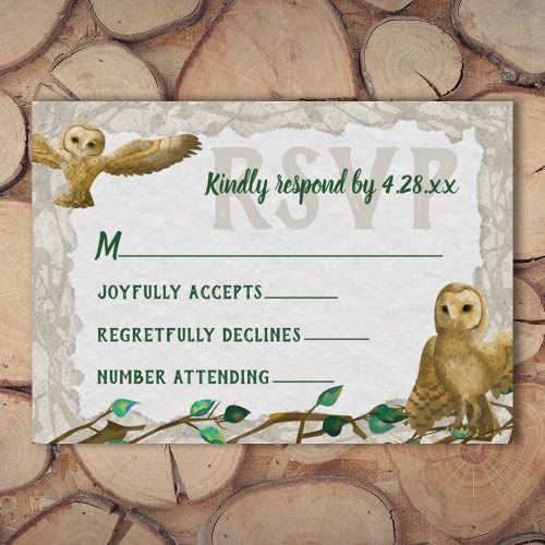 Owls Green Leafy Rustic Bar Mitzvah RSVP Card