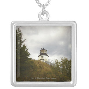 Owl's Head Lighthouse on a Cloudy Day Silver Plated Necklace