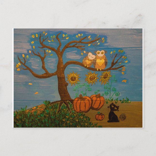 Owls In A Tree, Sunflowers, Pumpkins & Black Cat Postcard (Front)