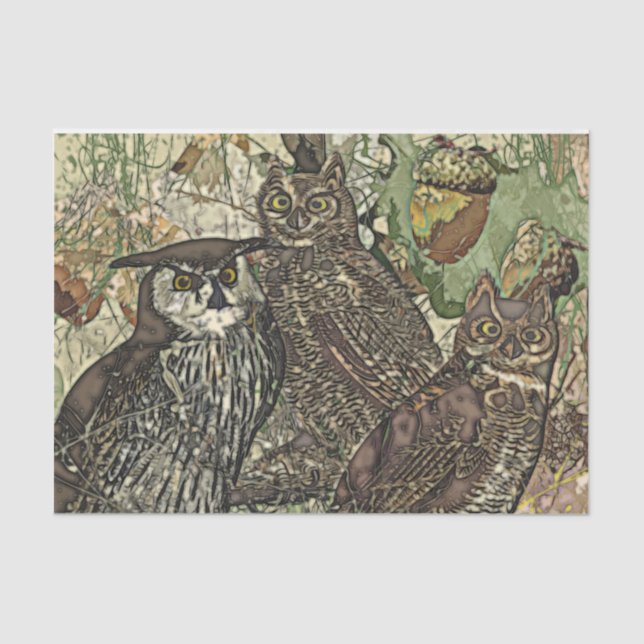 Owls in batik style 10lb Tissue Paper, White Paper (Front)