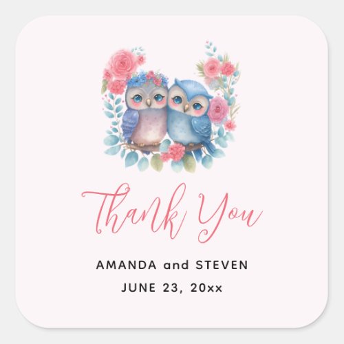 Owls in Love Sitting on a Branch Wedding Thank You Square Sticker