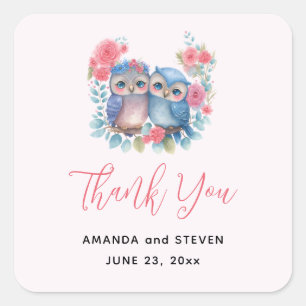 Owls in Love Sitting on a Branch Wedding Thank You Square Sticker