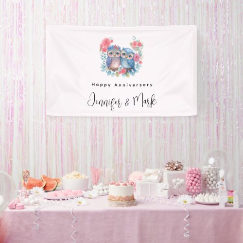 Owls in Love Sitting on a Tree Branch Anniversary Banner