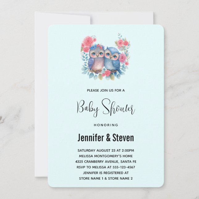 Owls in Love Sitting on a Tree Branch Baby Shower Invitation (Front)