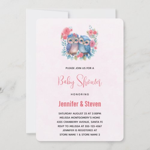 Owls in Love Sitting on a Tree Branch Baby Shower Invitation