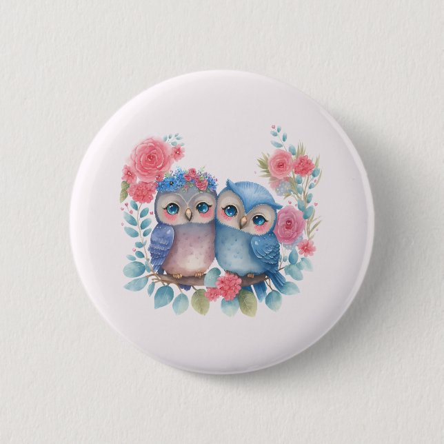 Owls in Love Sitting on a Tree Branch Button (Front)