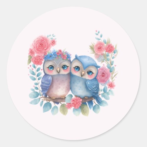 Owls in Love Sitting on a Tree Branch Classic Round Sticker