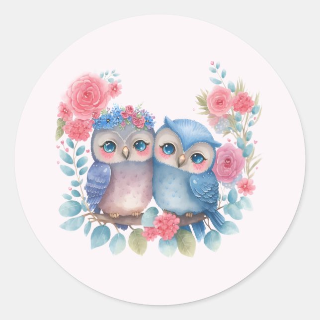 Owls in Love Sitting on a Tree Branch Classic Round Sticker (Front)