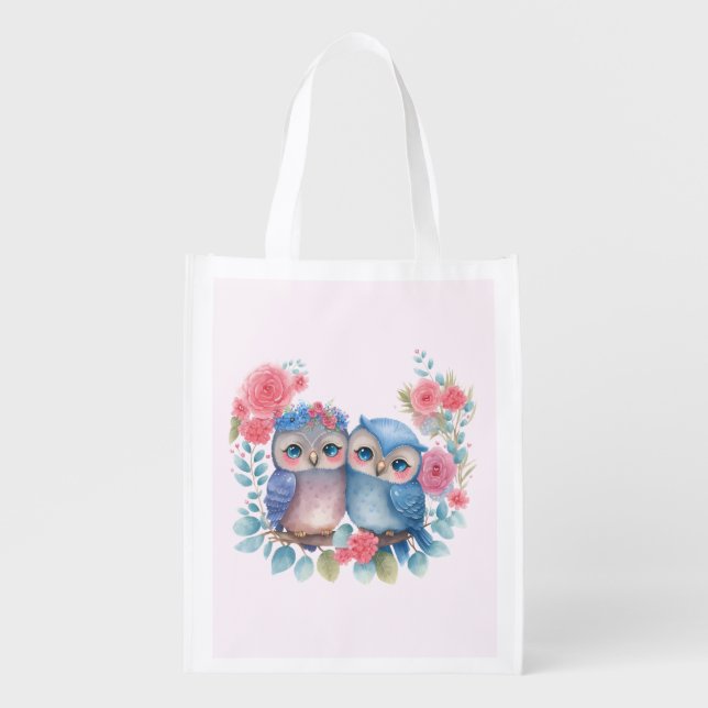 Owls in Love Sitting on a Tree Branch Grocery Bag (Front)