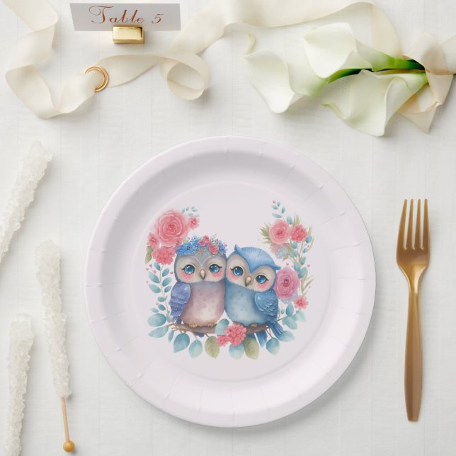 Owls in Love Sitting on a Tree Branch Paper Plates (Wedding)