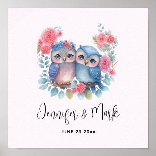 Owls in Love Sitting on a Tree Branch Poster
