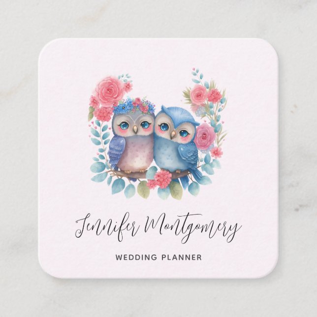 Owls in Love Sitting on a Tree Branch Square Business Card (Front)