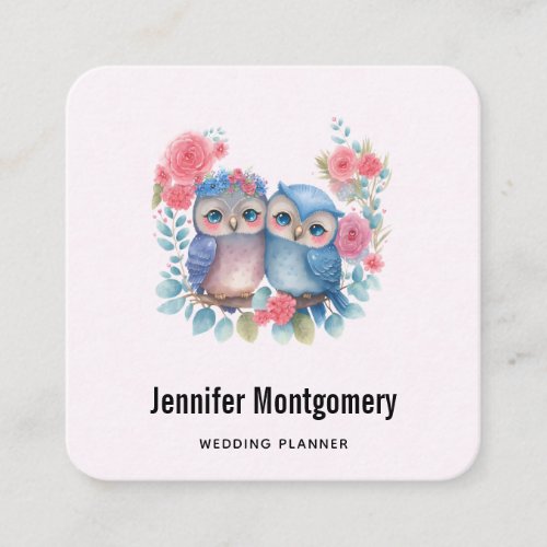 Owls in Love Sitting on a Tree Branch Square Business Card