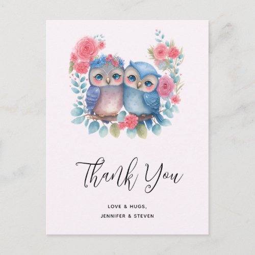 Owls in Love Sitting on a Tree Branch Thank You Postcard