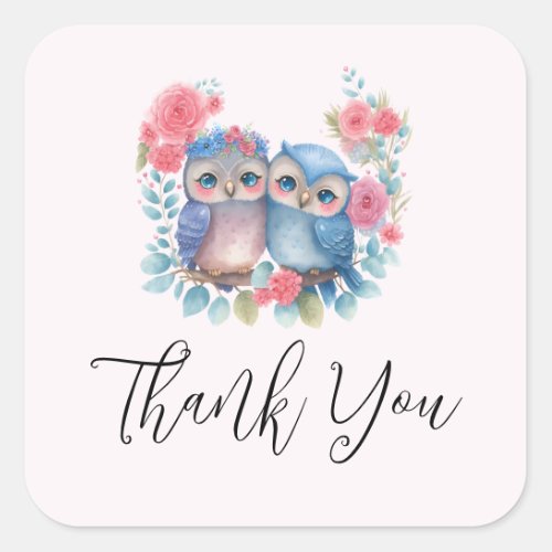 Owls in Love Sitting on a Tree Branch Thank You Square Sticker