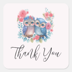 Owls in Love Sitting on a Tree Branch Thank You Square Sticker