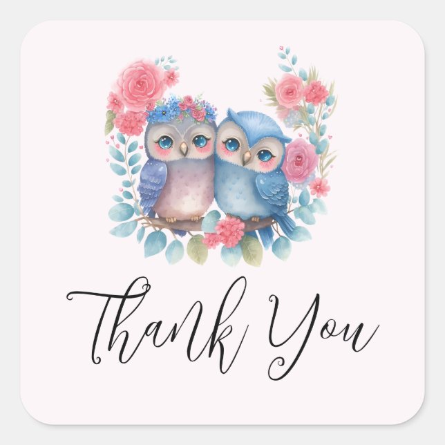 Owls in Love Sitting on a Tree Branch Thank You Square Sticker (Front)