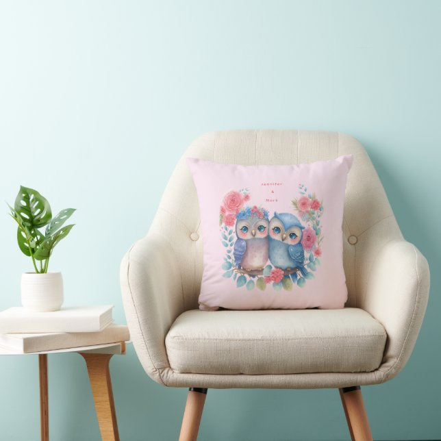 Owls in Love Sitting on a Tree Branch Throw Pillow (Chair)