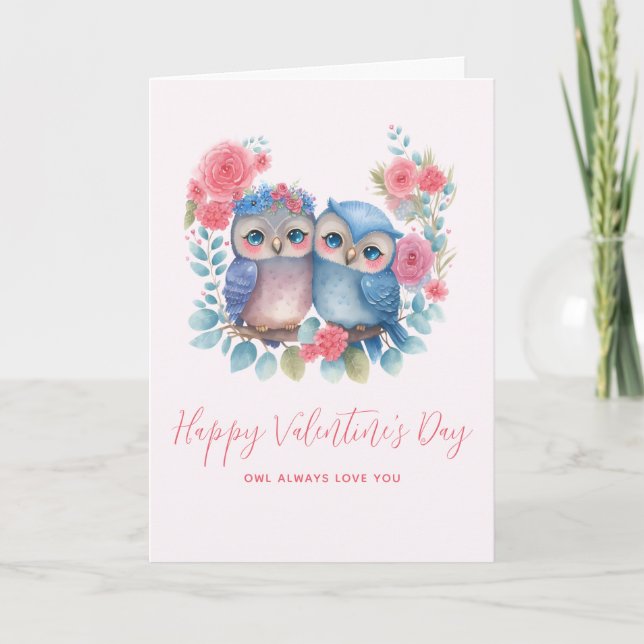 Owls in Love Sitting on a Tree Branch Valentine's Card (Front)
