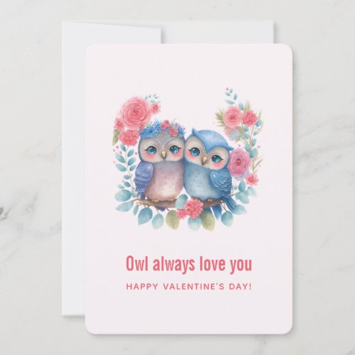 Owls in Love Sitting on a Tree Branch Valentines Holiday Card