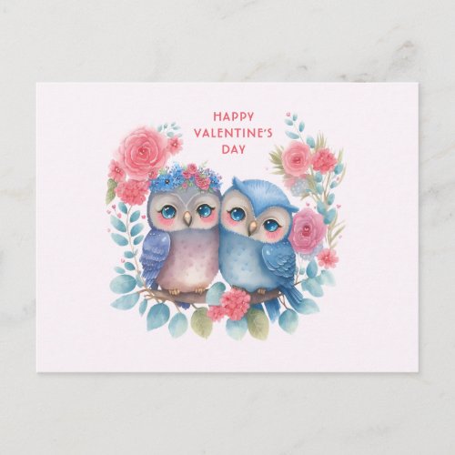 Owls in Love Sitting on a Tree Branch Valentines Holiday Postcard