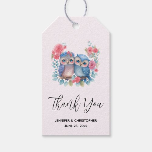 Owls in Love Sitting on a Tree Branch Wedding Gift Tags