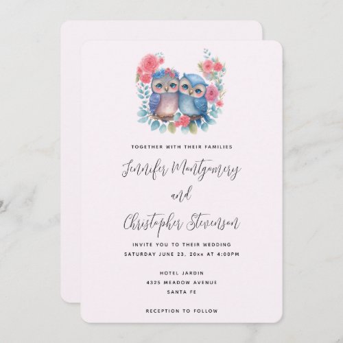 Owls in Love Sitting on a Tree Branch Wedding Invitation