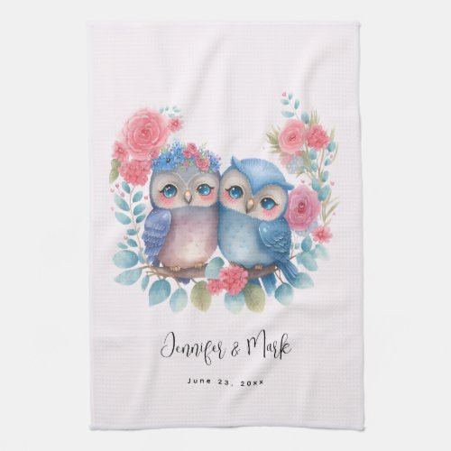 Owls in Love Sitting on a Tree Branch Wedding Kitchen Towel