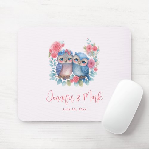 Owls in Love Sitting on a Tree Branch Wedding Mouse Pad