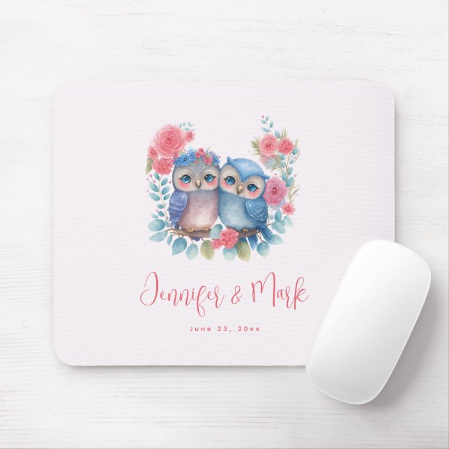 Owls in Love Sitting on a Tree Branch Wedding Mouse Pad (With Mouse)