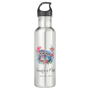 Owls in Love Sitting on a Tree Branch Wedding Stainless Steel Water Bottle