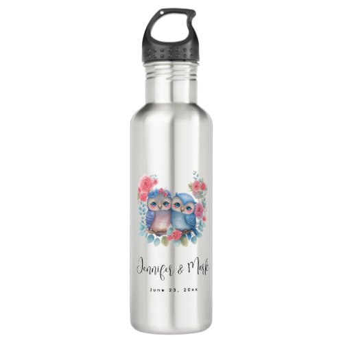 Owls in Love Sitting on a Tree Branch Wedding Stainless Steel Water Bottle