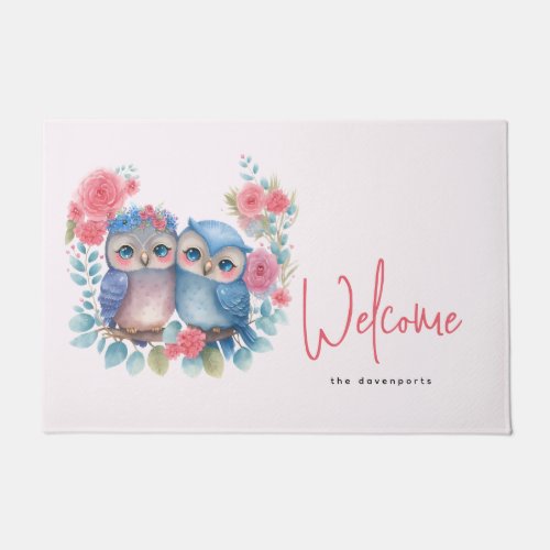 Owls in Love Sitting on a Tree Branch Welcome Doormat