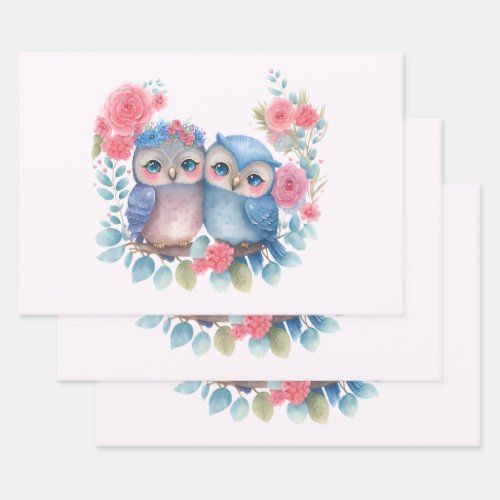 Owls in Love Sitting on a Tree Branch Wrapping Paper Sheets