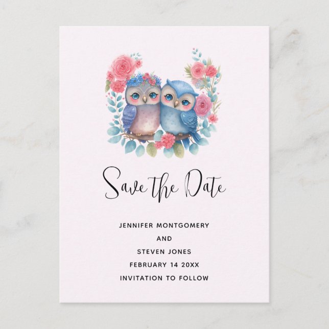 Owls in Love Sitting on Tree Branch Save the Date Invitation Postcard (Front)