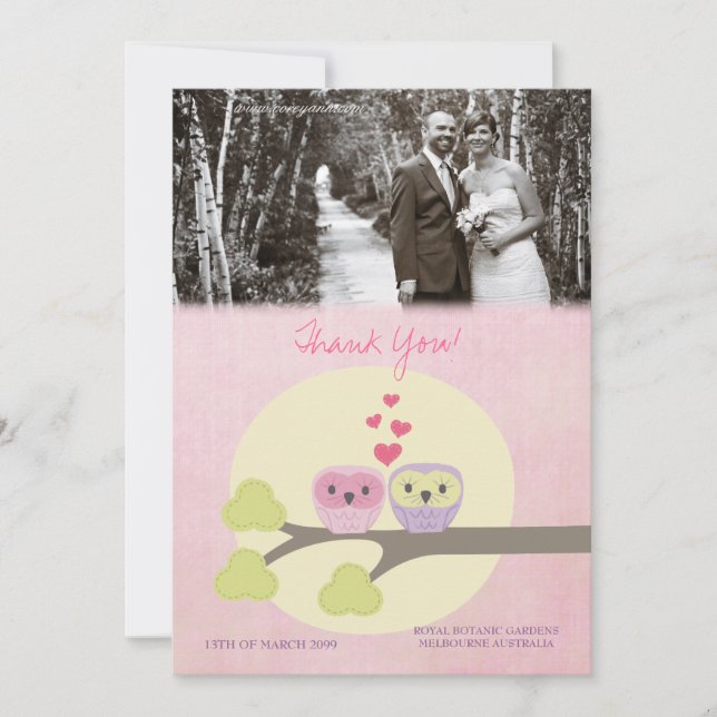 Owls in-love Thank You Wedding Photo Card (Front)