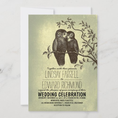 owls in love  tree branch vintage wedding invitation