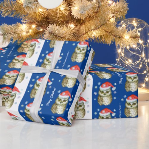 Owls in Santa Hats Christmas Pattern Blue Wrapping Paper