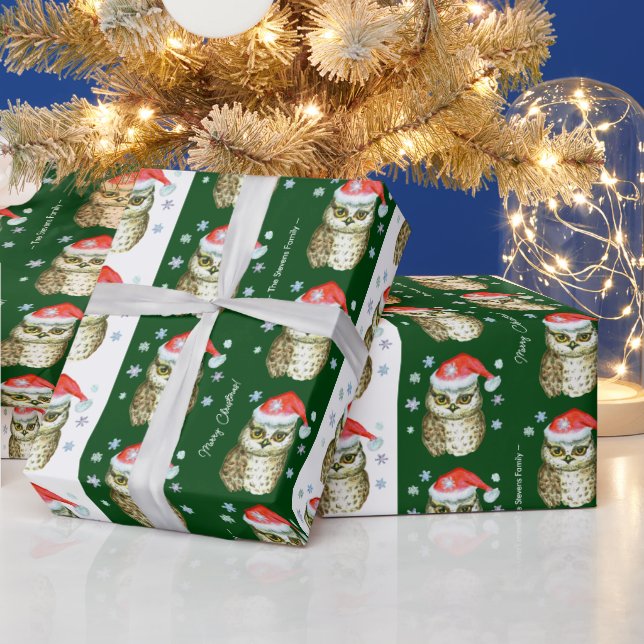 Owls in Santa Hats Christmas Pattern, Green Wrapping Paper (Holidays)