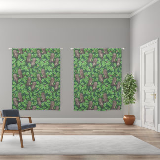 Owls in the forest on dark green sheer curtains
