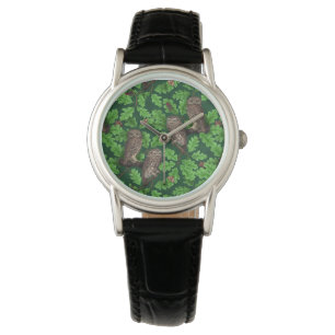 Owls in the forest on dark green watch